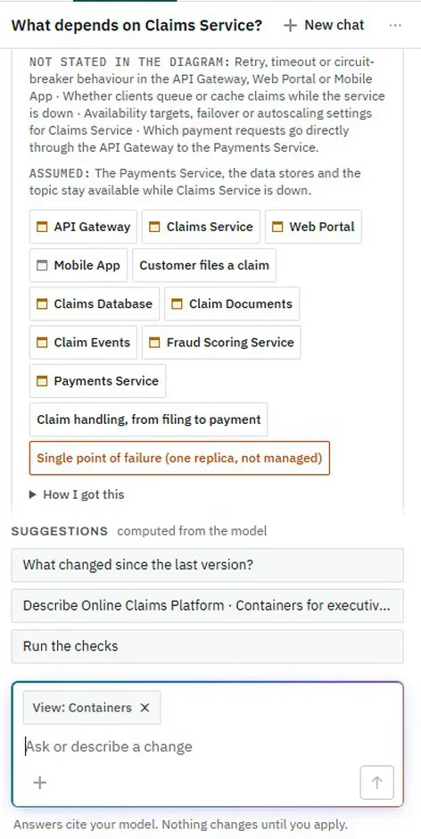 The assistant panel: an answer with a Not stated in the diagram paragraph, an Assumed paragraph, then the cited elements of the model.