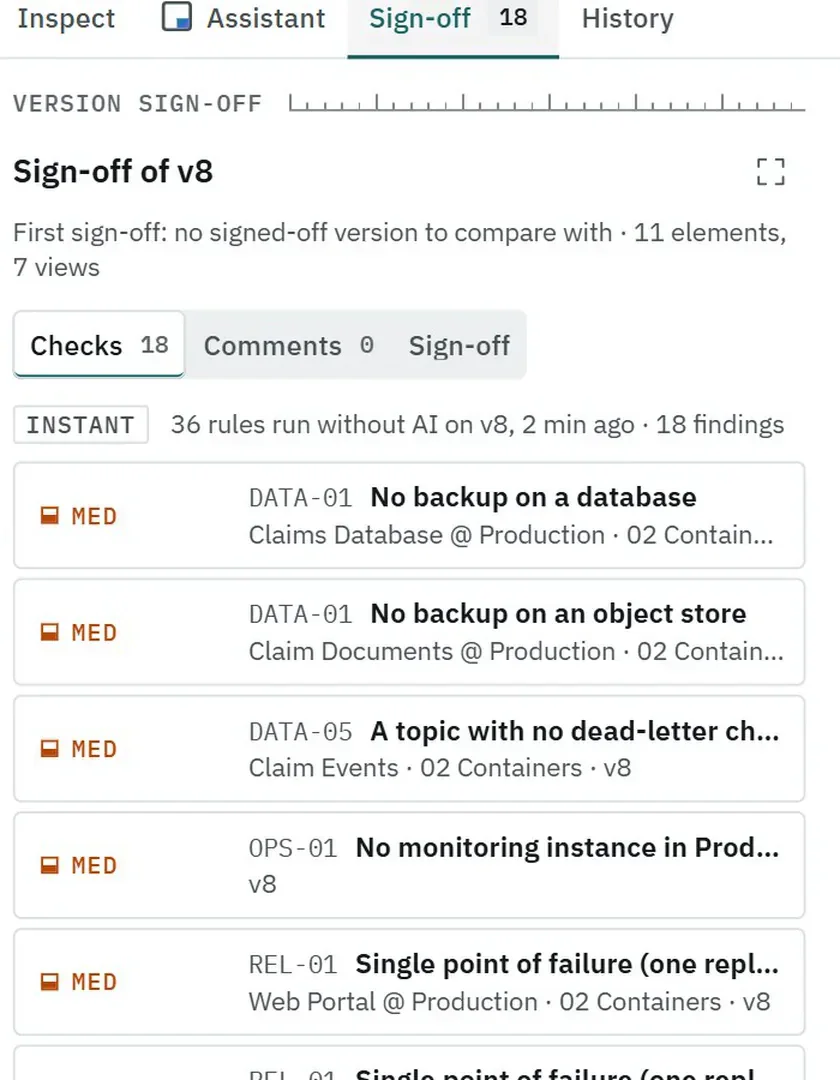 The sign-off panel of version 8: the rules run without AI, 18 findings, starting with DATA-01 No backup on a database, severity MED.