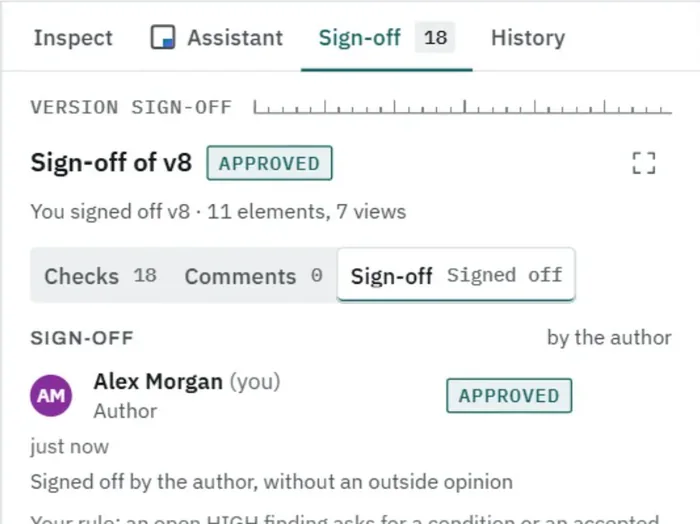 Close-up of the sign-off panel: the sign-off of v8 with the status Approved, by Alex Morgan, author, signed off by the author without an outside opinion.