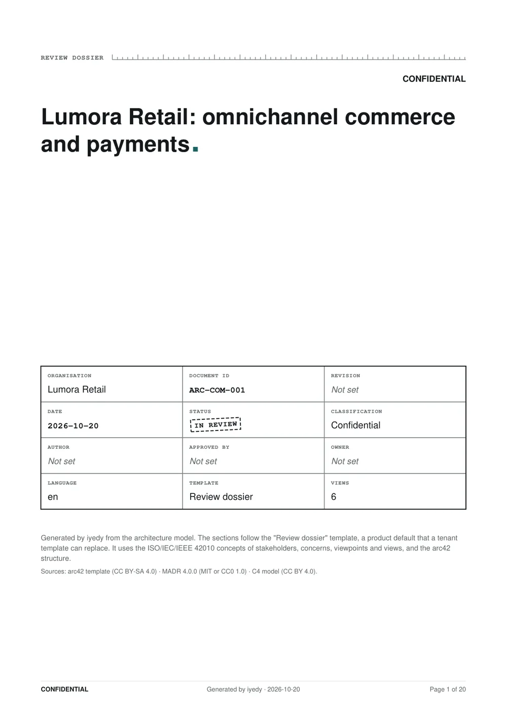 Cover of the review dossier: Lumora Retail, omnichannel commerce and payments, a title block with document id, date, status In review, classification and template Review dossier.