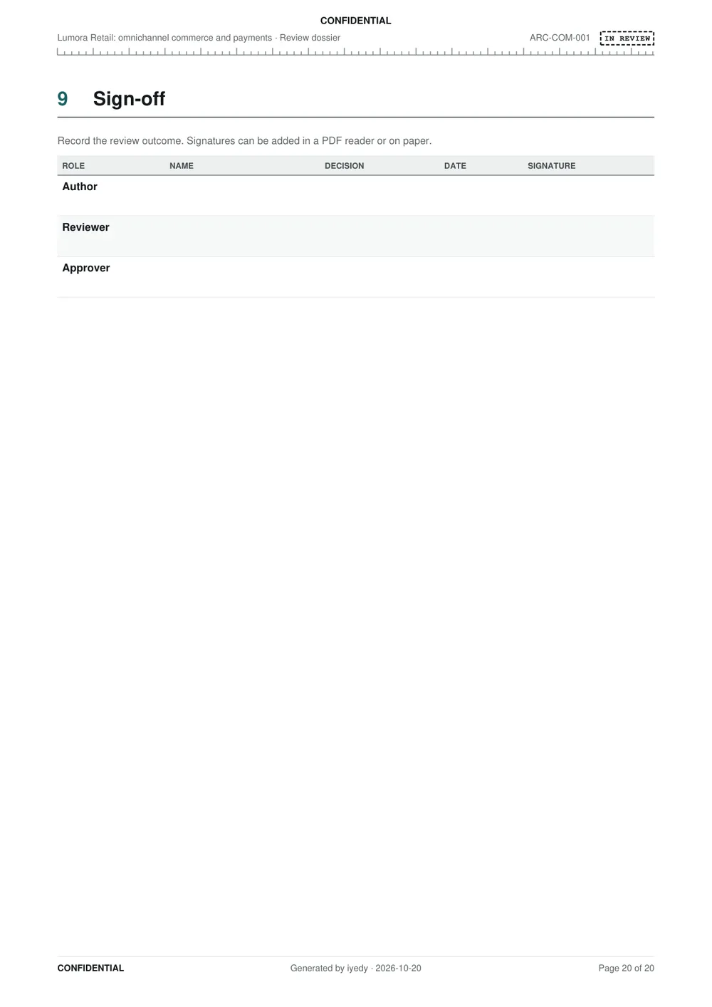 Sign-off page as an organisation exports it: an empty table for the author, the reviewer and the approver, to fill in a PDF reader or on paper.